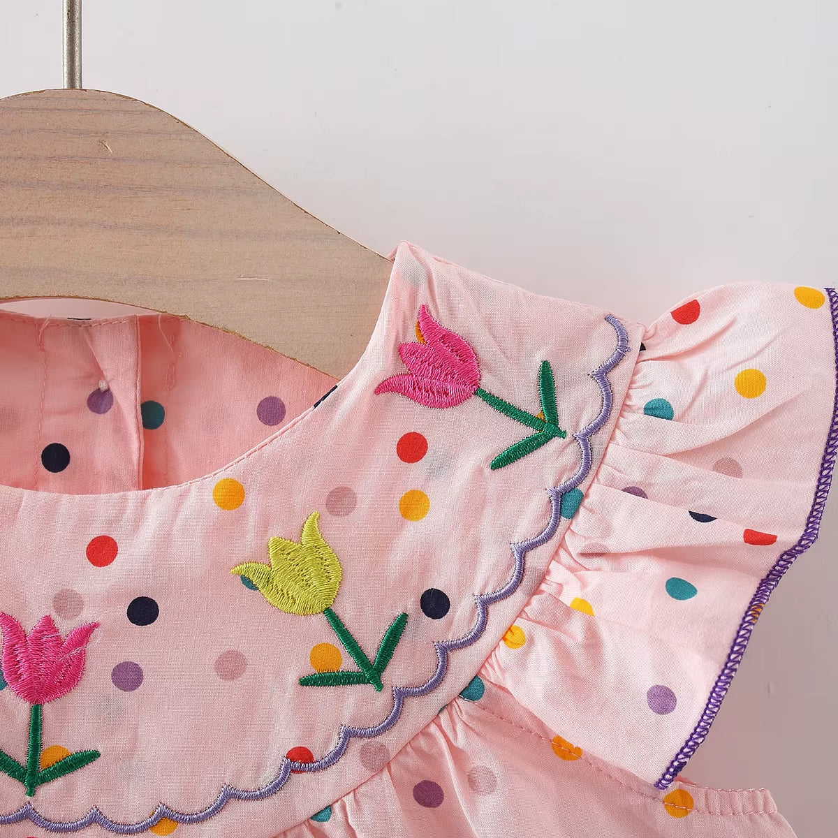 Blooming Beauty: Embroidered Cotton Baby Dress with Polka Dot Print