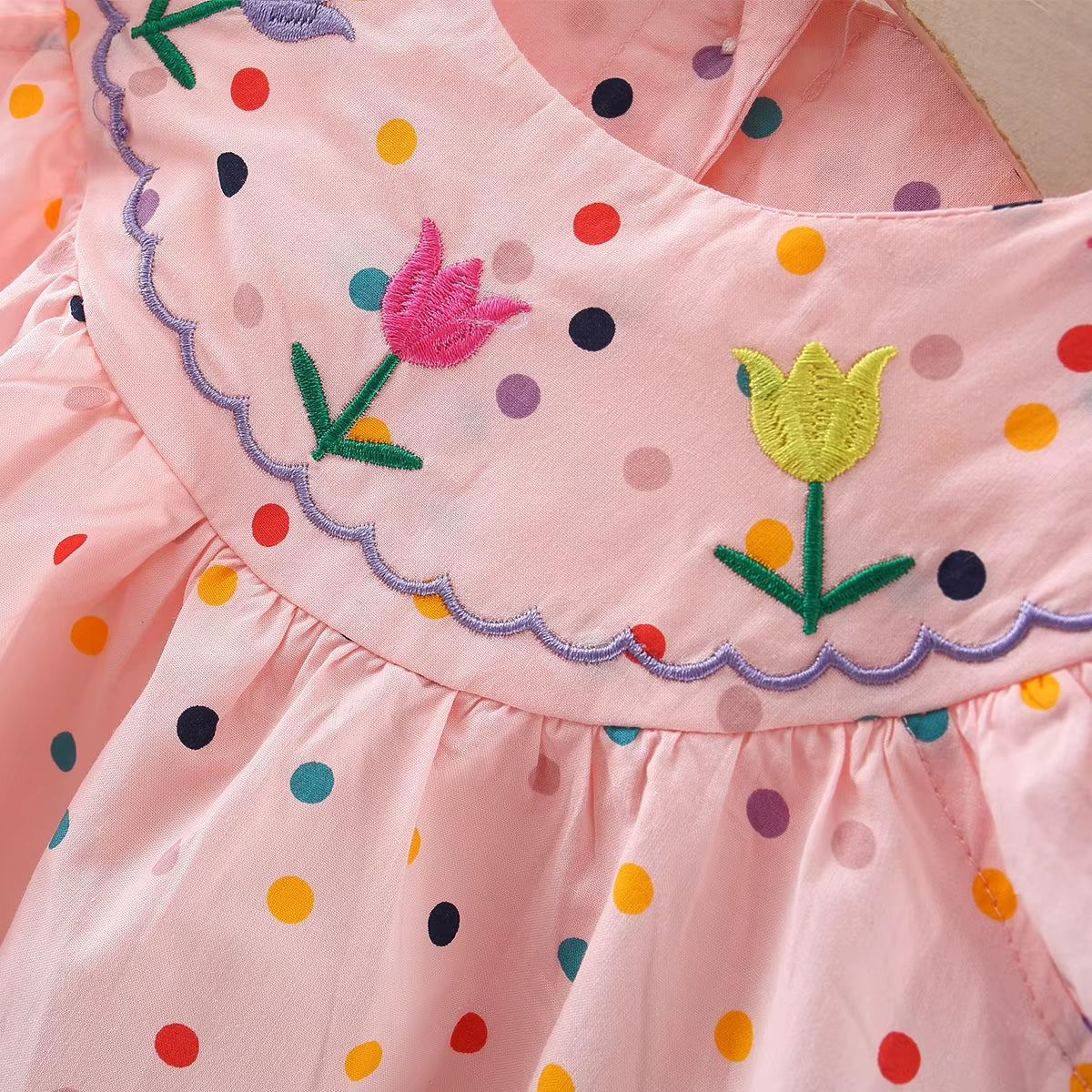 Blooming Beauty: Embroidered Cotton Baby Dress with Polka Dot Print