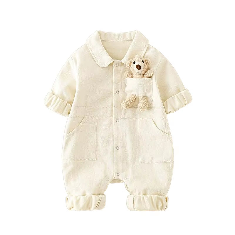 BearBuddy Denim – Spring Cartoon Pocket Romper for Babies